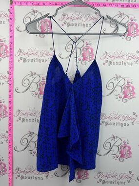 Central Park West silk tank top camisole strappy Royal Blue Black Printed shirt